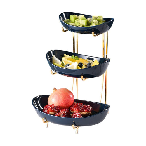 Meetue Elegant Ceramic Serving Bowls Set with Tiered Metal Display Stand - Space-Saving Countertop Fruit, Snack, and Dessert Organizer (2-Tier & 3-Tier Ambidextrous Options)
