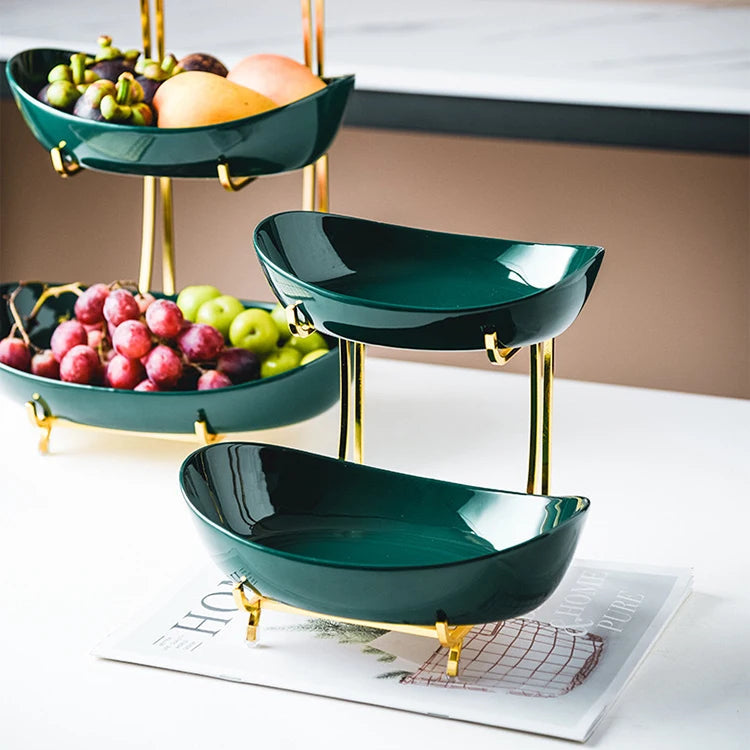 Meetue Elegant Ceramic Serving Bowls Set with Tiered Metal Display Stand - Space-Saving Countertop Fruit, Snack, and Dessert Organizer (2-Tier & 3-Tier Ambidextrous Options)