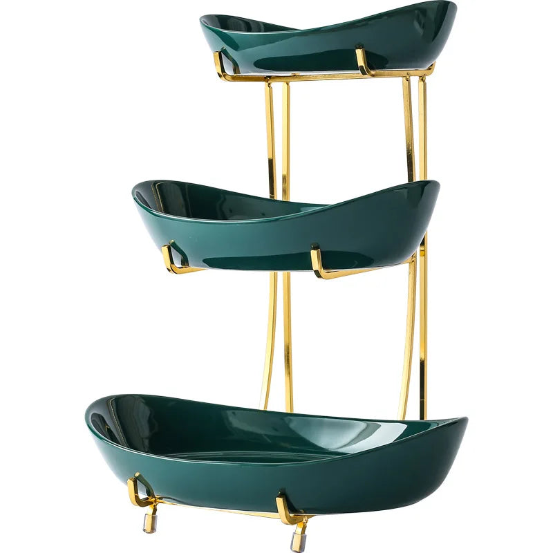 Meetue Elegant Ceramic Serving Bowls Set with Tiered Metal Display Stand - Space-Saving Countertop Fruit, Snack, and Dessert Organizer (2-Tier & 3-Tier Ambidextrous Options)