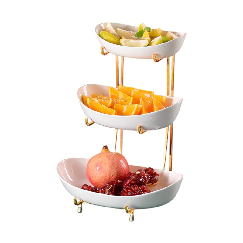 Meetue Elegant Ceramic Serving Bowls Set with Tiered Metal Display Stand - Space-Saving Countertop Fruit, Snack, and Dessert Organizer (2-Tier & 3-Tier Ambidextrous Options)