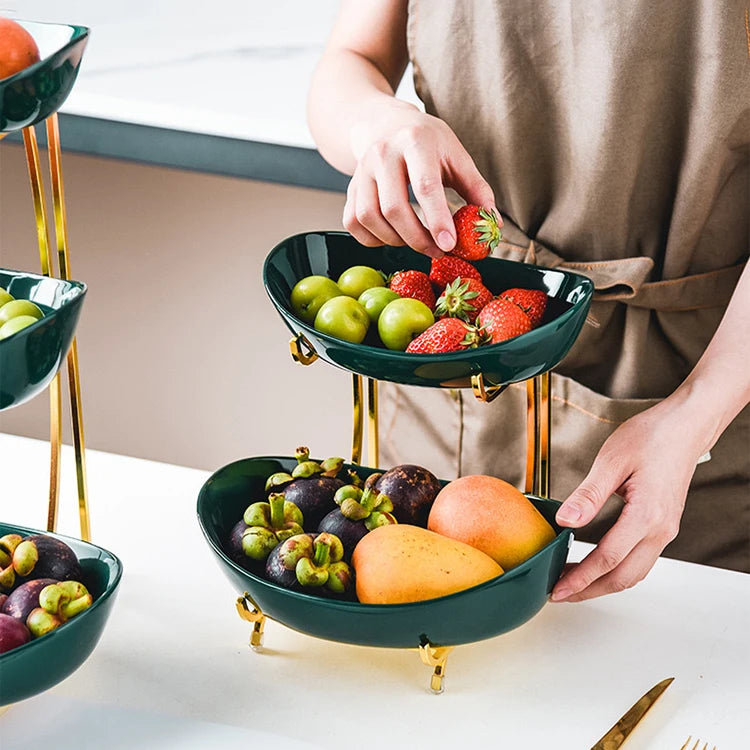 Meetue Elegant Ceramic Serving Bowls Set with Tiered Metal Display Stand - Space-Saving Countertop Fruit, Snack, and Dessert Organizer (2-Tier & 3-Tier Ambidextrous Options)