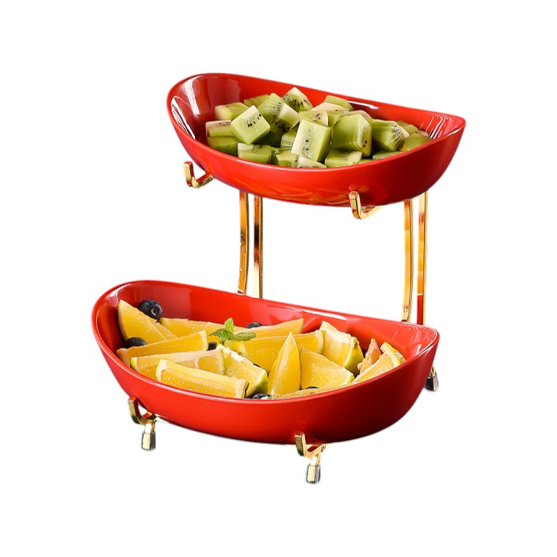 Meetue Elegant Ceramic Serving Bowls Set with Tiered Metal Display Stand - Space-Saving Countertop Fruit, Snack, and Dessert Organizer (2-Tier & 3-Tier Ambidextrous Options)