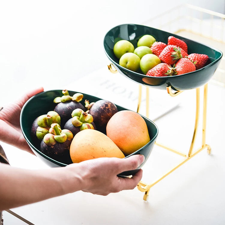 Meetue Elegant Ceramic Serving Bowls Set with Tiered Metal Display Stand - Space-Saving Countertop Fruit, Snack, and Dessert Organizer (2-Tier & 3-Tier Ambidextrous Options)