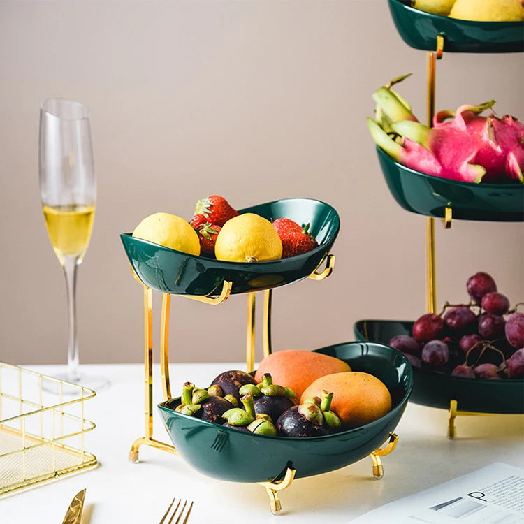 Meetue Elegant Ceramic Serving Bowls Set with Tiered Metal Display Stand - Space-Saving Countertop Fruit, Snack, and Dessert Organizer (2-Tier & 3-Tier Ambidextrous Options)