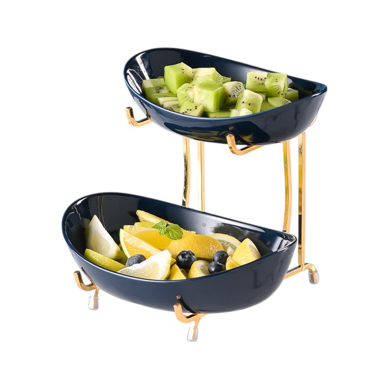 Meetue Elegant Ceramic Serving Bowls Set with Tiered Metal Display Stand - Space-Saving Countertop Fruit, Snack, and Dessert Organizer (2-Tier & 3-Tier Ambidextrous Options)