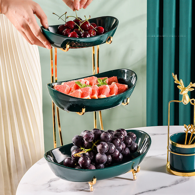 Meetue Elegant Ceramic Serving Bowls Set with Tiered Metal Display Stand - Space-Saving Countertop Fruit, Snack, and Dessert Organizer (2-Tier & 3-Tier Ambidextrous Options)