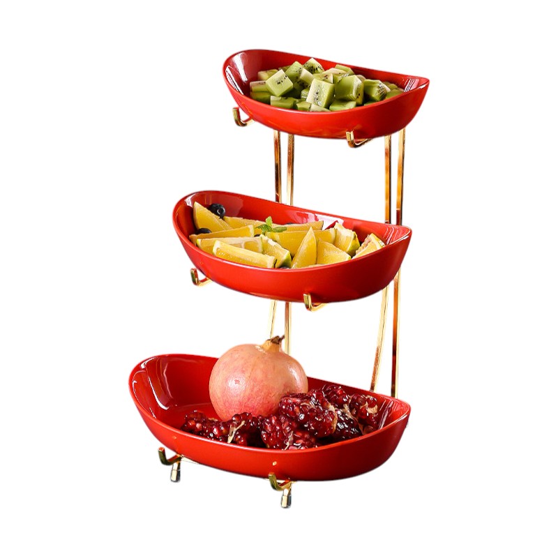Meetue Elegant Ceramic Serving Bowls Set with Tiered Metal Display Stand - Space-Saving Countertop Fruit, Snack, and Dessert Organizer (2-Tier & 3-Tier Ambidextrous Options)