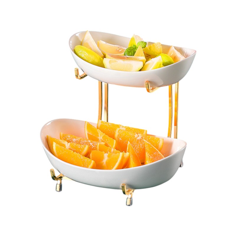 Meetue Elegant Ceramic Serving Bowls Set with Tiered Metal Display Stand - Space-Saving Countertop Fruit, Snack, and Dessert Organizer (2-Tier & 3-Tier Ambidextrous Options)