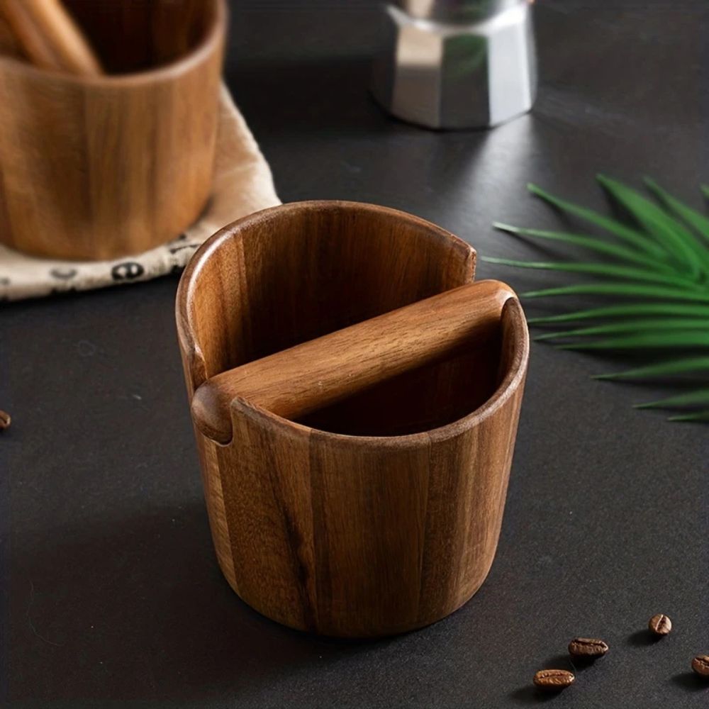 Meetue Venturo Premium Acacia Wood Espresso Knock Box - Solid Wood Coffee Grounds Dump Bin with Shock-Absorbing Knock Bar for Home Baristas (Single Pack)