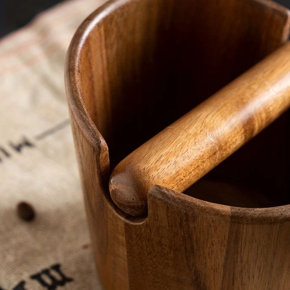 Meetue Venturo Premium Acacia Wood Espresso Knock Box - Solid Wood Coffee Grounds Dump Bin with Shock-Absorbing Knock Bar for Home Baristas (Single Pack)