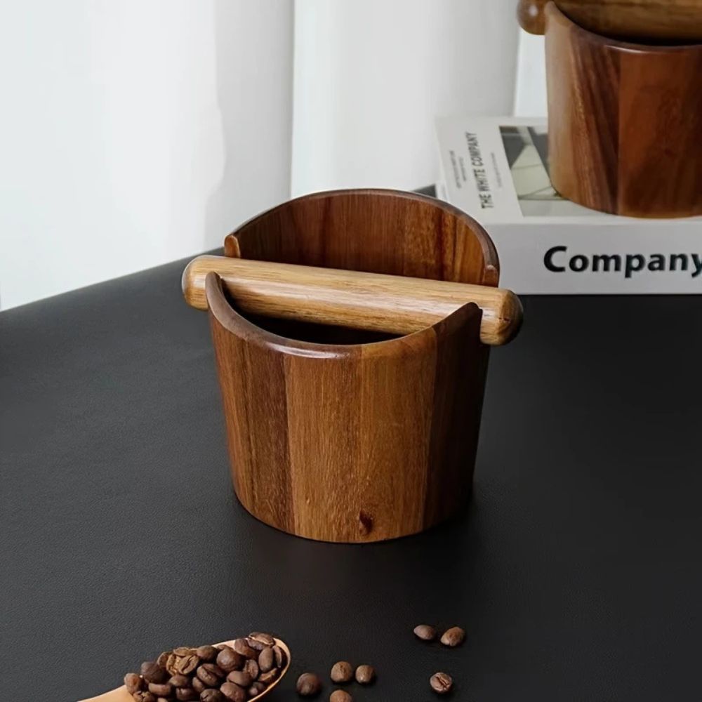 Meetue Venturo Premium Acacia Wood Espresso Knock Box - Solid Wood Coffee Grounds Dump Bin with Shock-Absorbing Knock Bar for Home Baristas (Single Pack)
