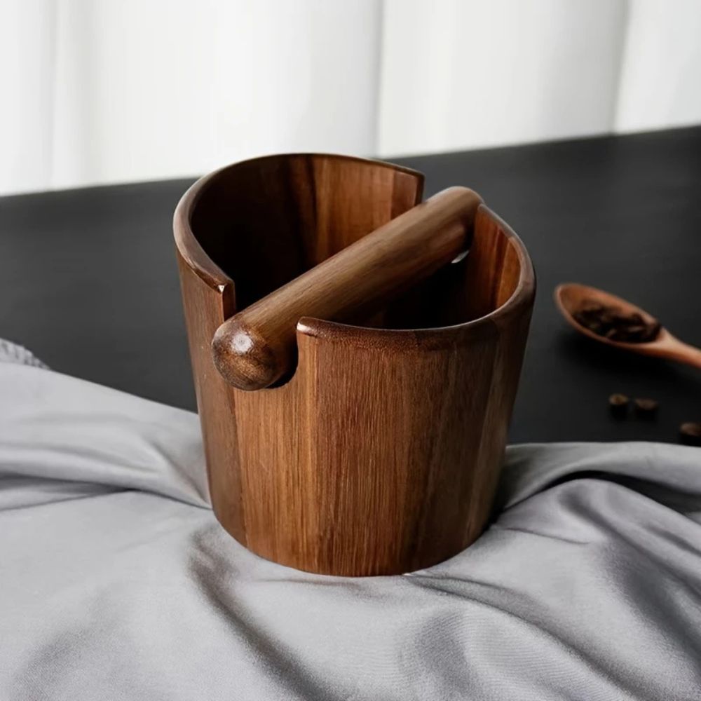 Meetue Venturo Premium Acacia Wood Espresso Knock Box - Solid Wood Coffee Grounds Dump Bin with Shock-Absorbing Knock Bar for Home Baristas (Single Pack)