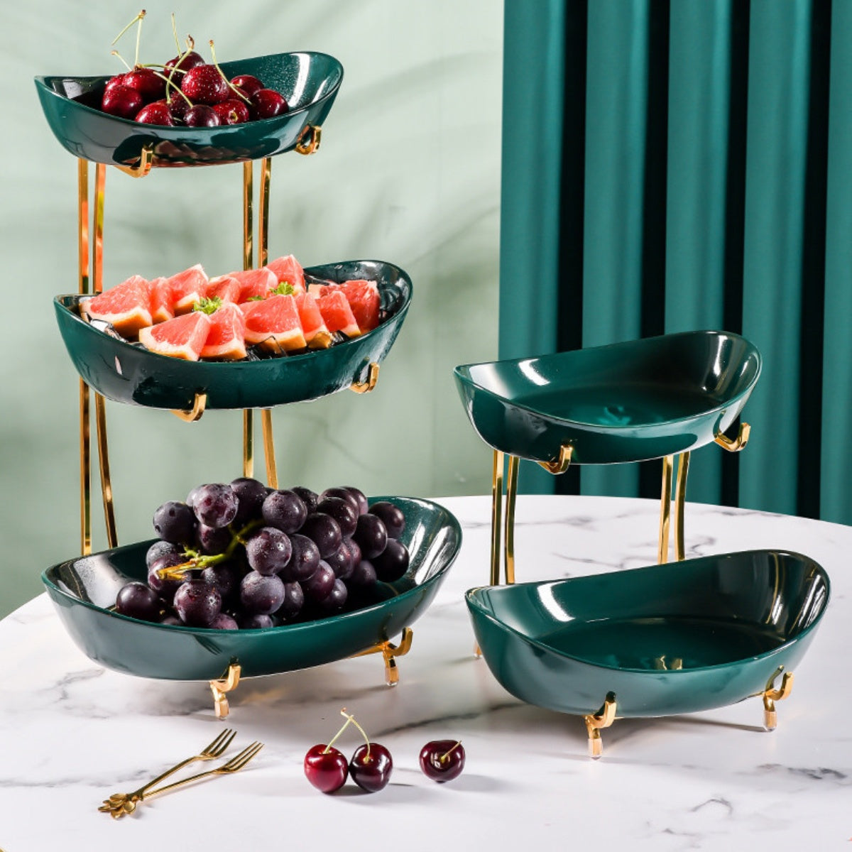 Meetue Elegant Ceramic Serving Bowls Set with Tiered Metal Display Stand - Space-Saving Countertop Fruit, Snack, and Dessert Organizer (2-Tier & 3-Tier Ambidextrous Options)